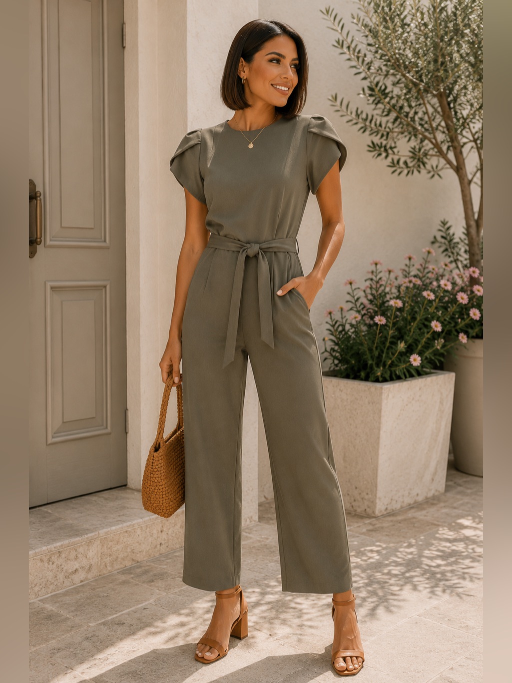 Calvin Klein Olive Green Tie-Waist Jumpsuit With Tulip Sleeves Size 2